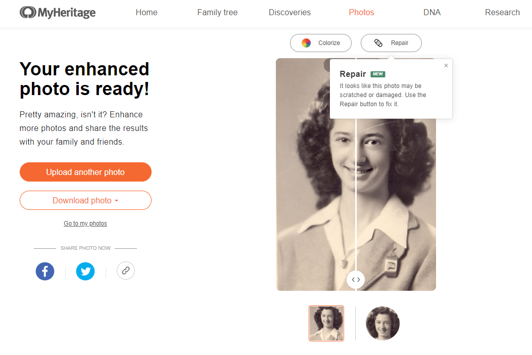Eksempel på anbefaling om fotoreparasjon som vises etter bruk av MyHeritage fotoforbedrer.