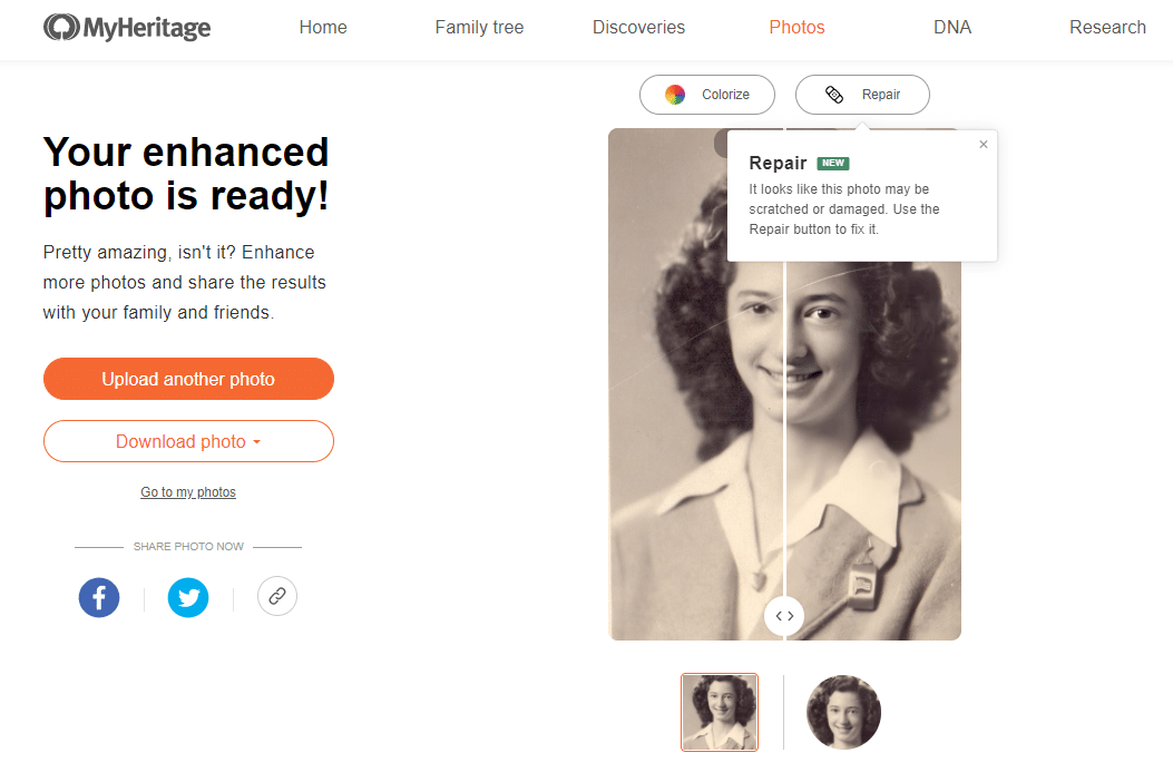 Beispiel für eine Fotoreparaturempfehlung, die nach Verwendung der MyHeritage Fotoverbesserungsseite angezeigt wird.