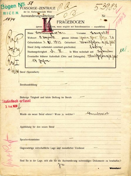 Emigration Questionnaire of Menachem Baumgarten