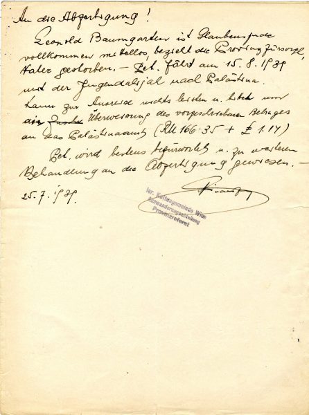 Emigration document of Menachem Baumgarten