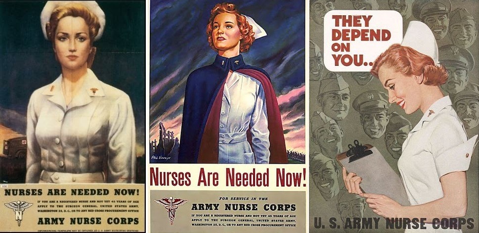 Posters waarin vrouwen worden aangemoedigd om zich in te schrijven bij het verpleegsterskorps van het leger
