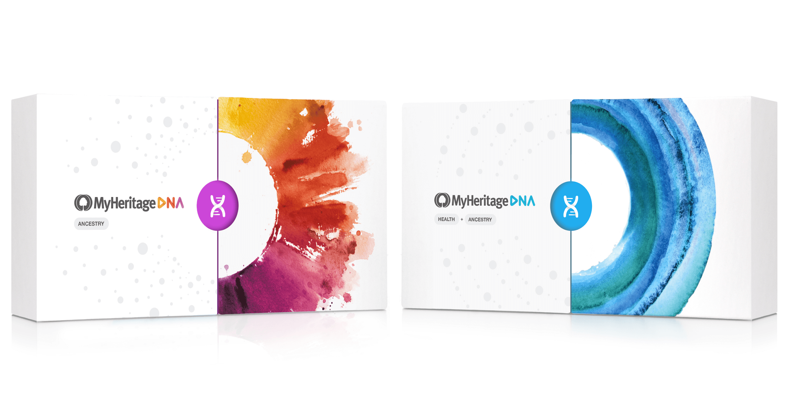 La gamme de produits MyHeritage DNA. Le nouveau kit de santé est présenté à droite.