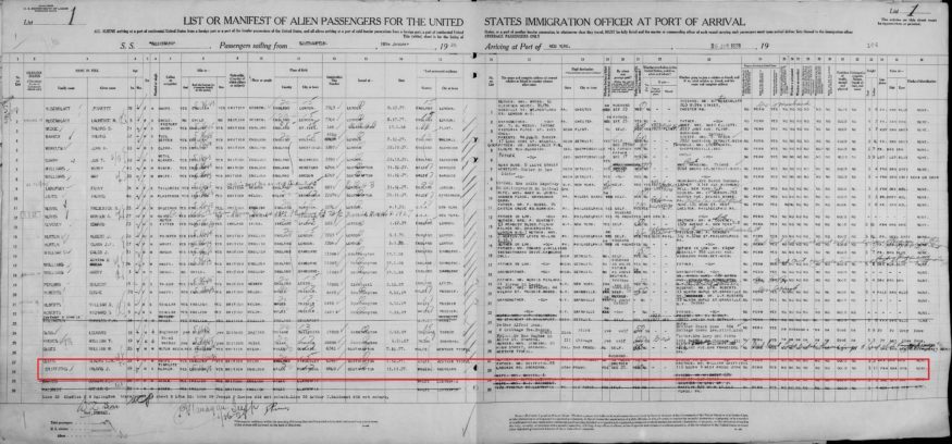 Arrival Record of Thomas Griffith, from the Ellis Island and Other New York Passenger Lists, 1820- 1957