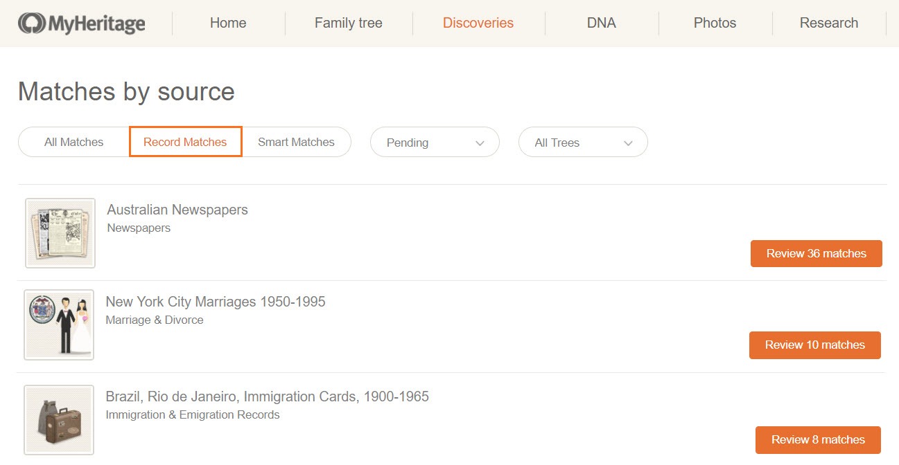 Family Tree: Review record matches within each collection