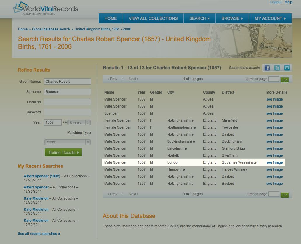 Example content from World Vital Records: Transcript of Diana Spencer's great-grandfather's (Charles Robert Spencer) 1857 UK birth entry from World Vital Records (click to enlarge)