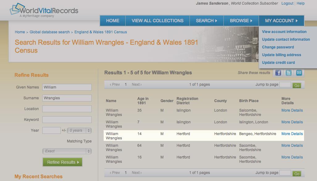3. Transcript of William Wrangles' 1891 UK census entry on WorldVitalRecords.