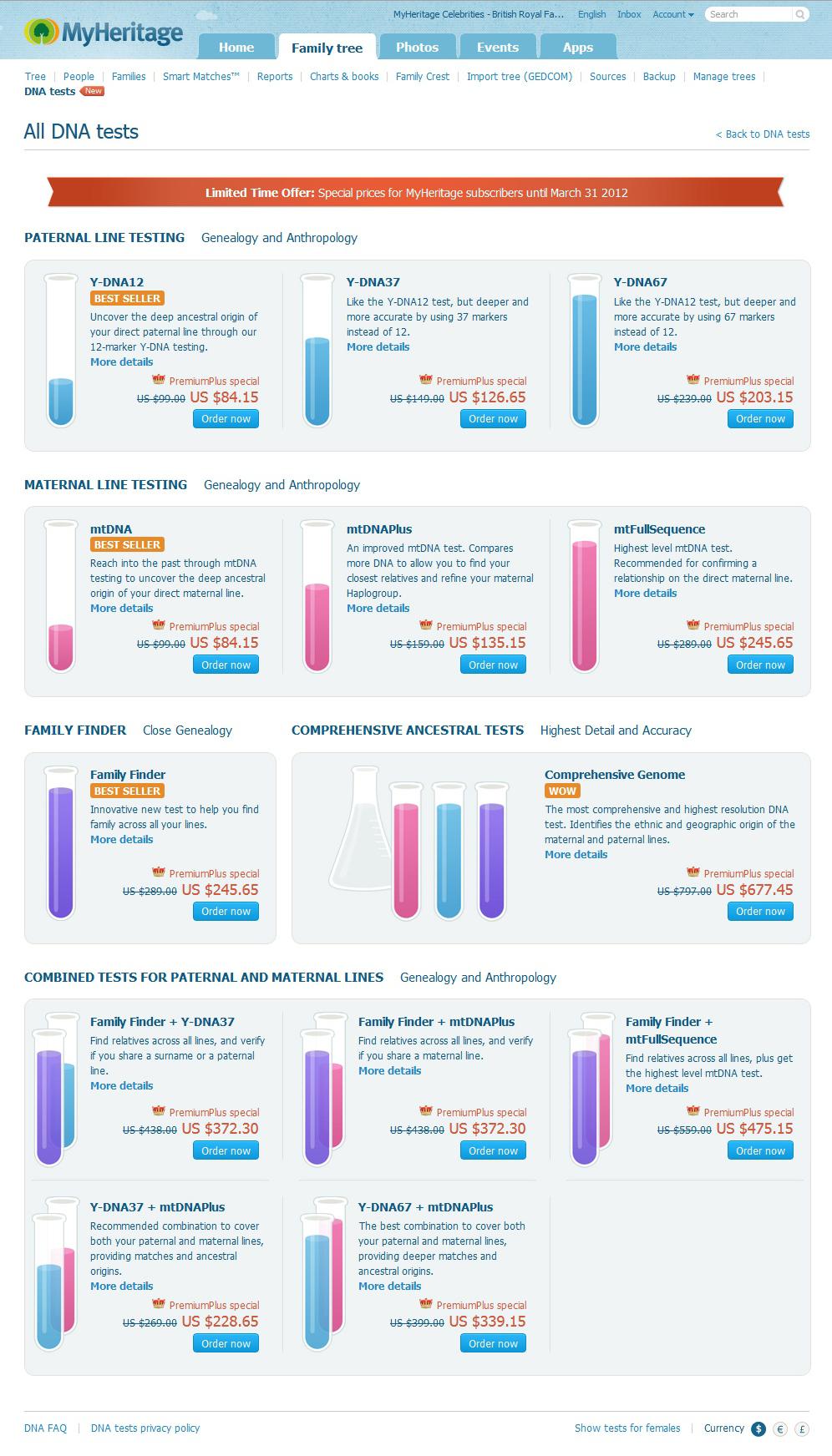 The DNA kits on MyHeritage (click to zoom)