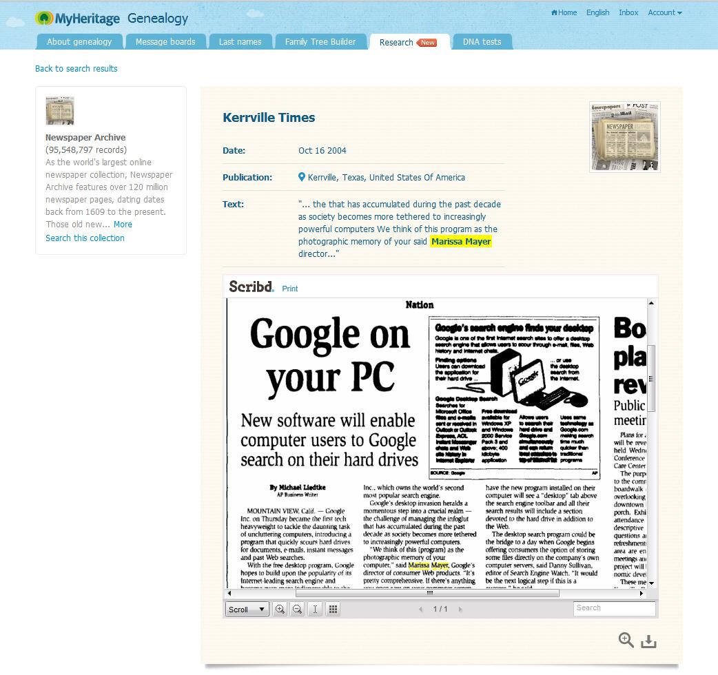 An article from 2004 about Google quoting Marissa - as found on SuperSearch (click to search)