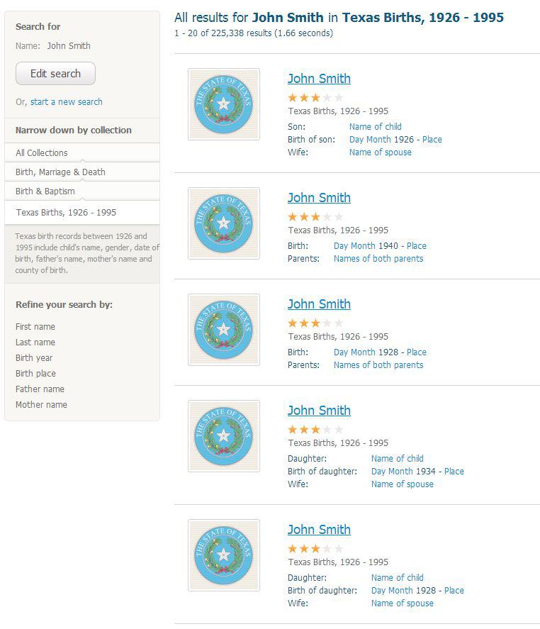 SuperSearch results for John Smith in the Texas Birth records collection
