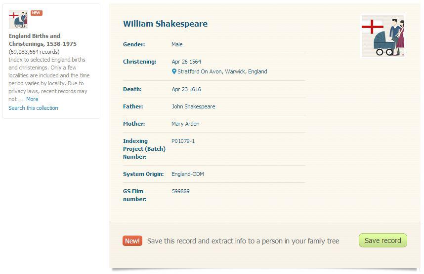 Birth record of William Shakespeare, from England Births and Christenings collection in MyHeritage SuperSearch, 1538-1975 (Click to zoom).
