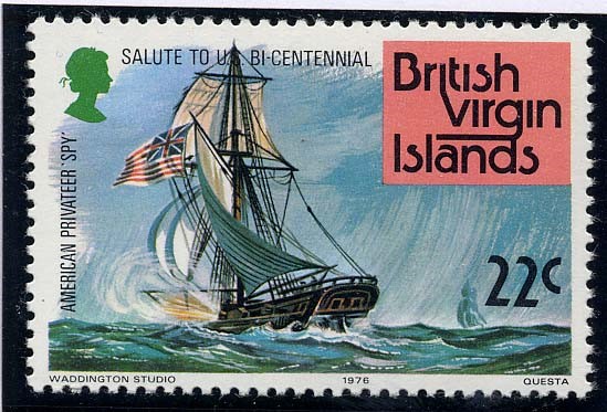 British Virgin Islands stamp commemorating the 1976 U.S. Bicentennial featuring the schooner <em>Spy</em>. Image courtesy of ShipStamps.co.uk.