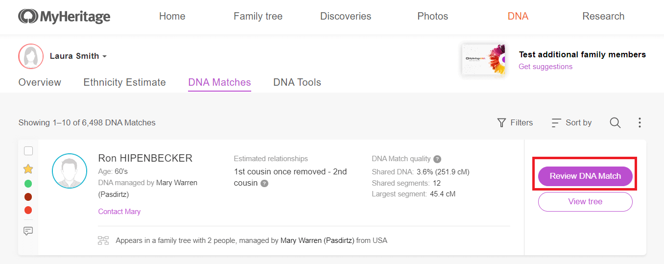 De pagina voor het bekijken van DNA matches bekijken (klik om in te zoomen)