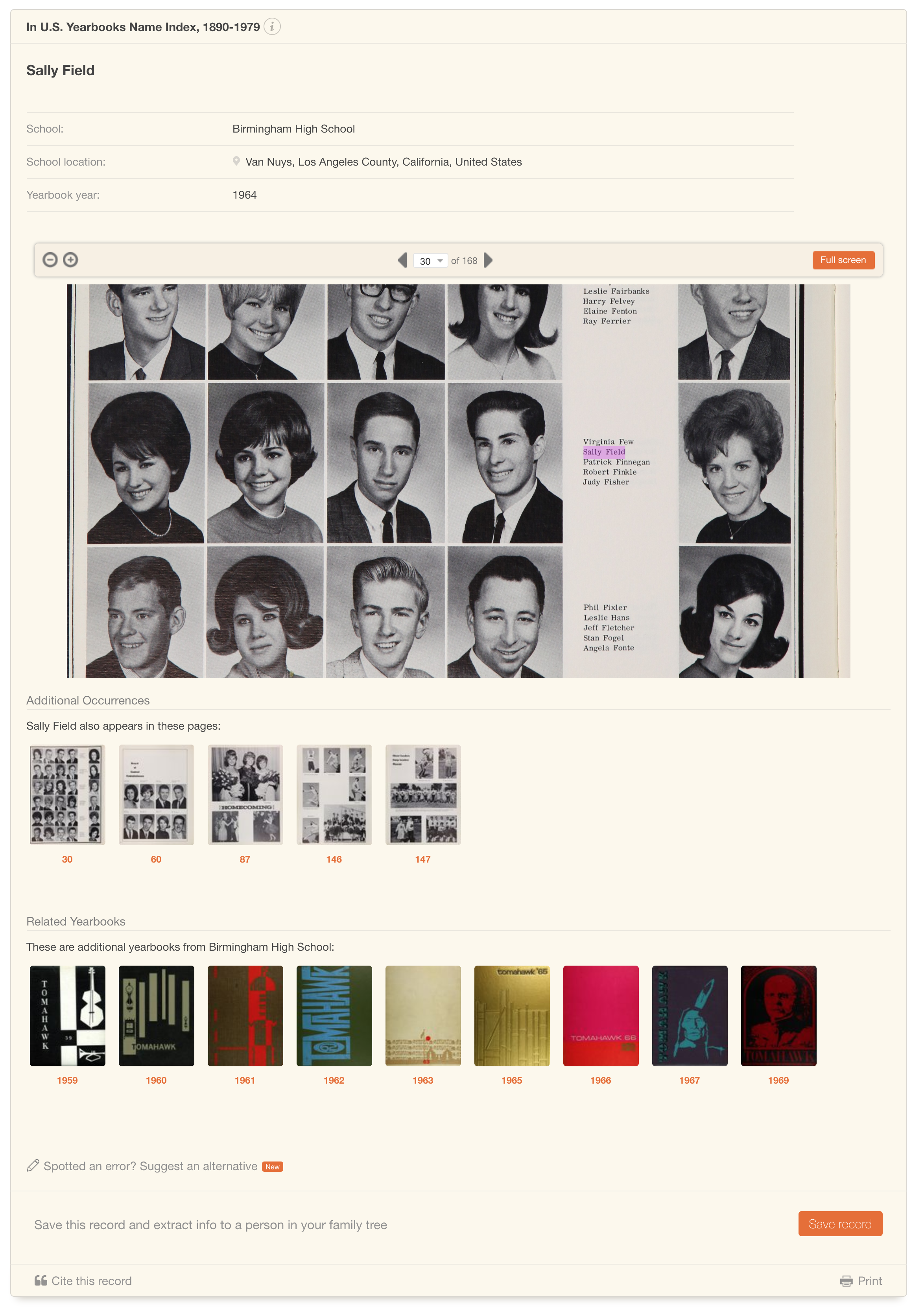 Sally Field, U.S. Yearbooks Name Index, 1890-1979 on MyHeritage