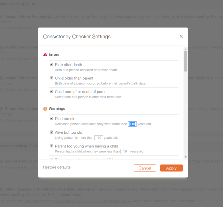 screenshot of consistency checker settings
