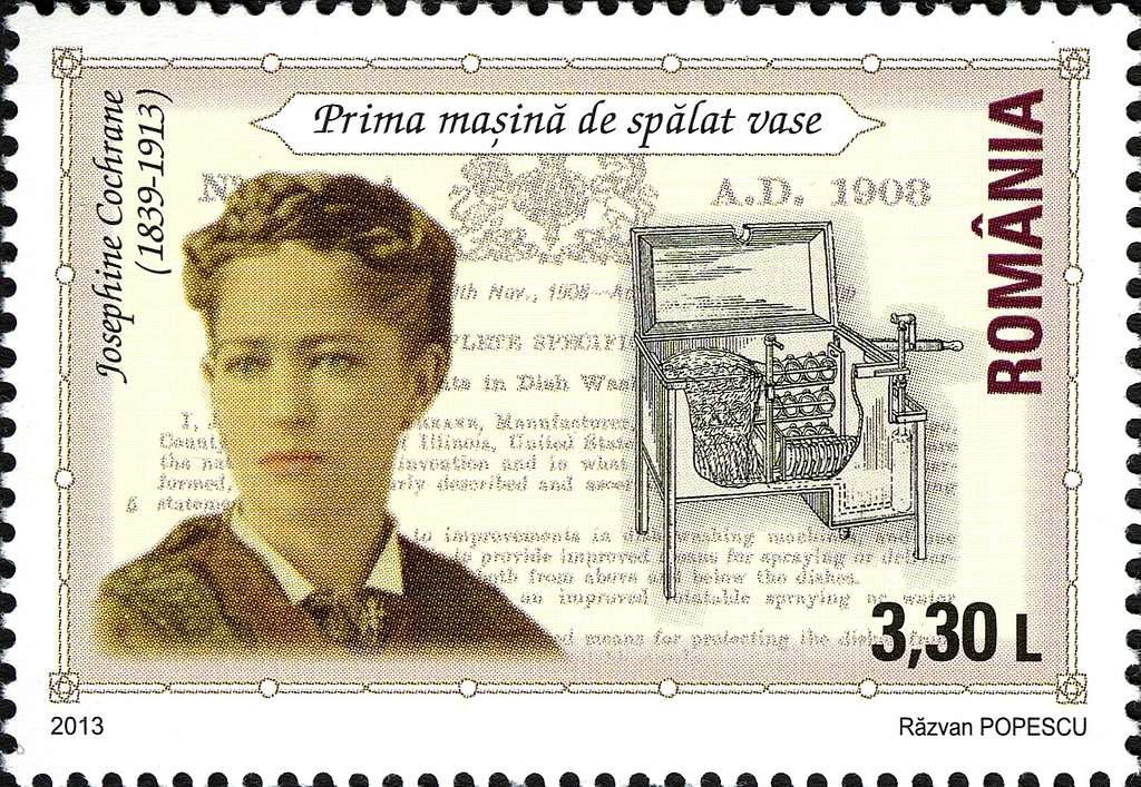 A stamp issued in Romania in honor of Josephine Cochrane, inventor of the modern dishwasher