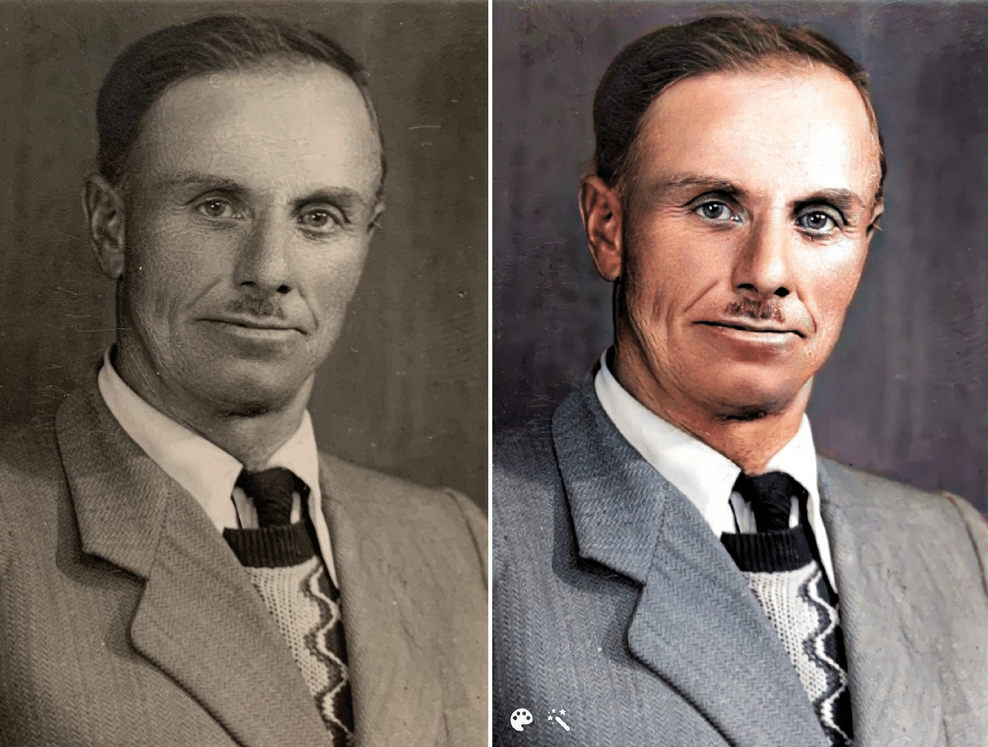Foto van Stanislaw Jurzyk, bewaard door de zusters die hij redde. De foto rechts is ingekleurd en verbeterd op MyHeritage.