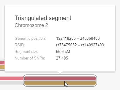 Voorbeeld van de informatie die verschijnt wanneer u in de chromosomenbrowser uw muisaanwijzer over een getrianguleerd segment beweegt.
