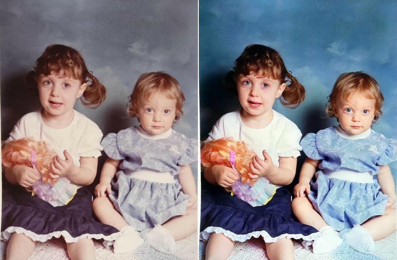 Links: zwei Schwestern, New York, circa 1988. Rechts: Farbwiederhergestelltes Ergebnis.