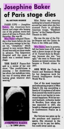 Artigo do St. Petersburg Times anunciando a morte de Josephine em 13 de abril de 1975. Da coleção MyHeritage Newspaper Name Index