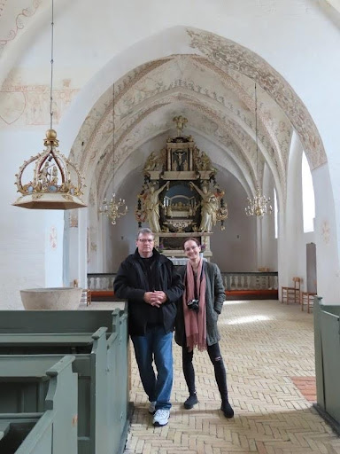 Steve and daughter inside Draby Kirke. Steve’s sister Sara was baptized in the font (left side of photo).