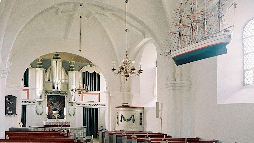 Inside Durup Kirk where family of Steve’s maternal grandmother worshipped and are buried. Ships are traditional features in Danish churches and can symbolize many different aspects of Danish life.