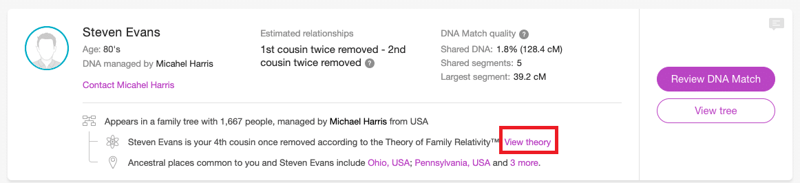 Viewing a full theory from a DNA Match card (Click to zoom)