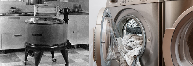 En tidig tvättmaskin (vänster)